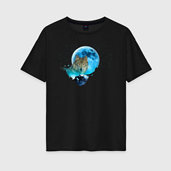 Футболка оверсайз женская Волк на фоне голубой луны, цвет: черный