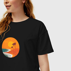 Футболка оверсайз женская Две пальмы на пляже во время заката минимализм, цвет: черный — фото 2