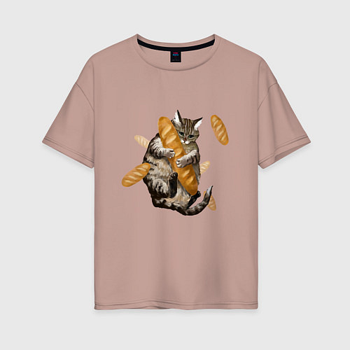 Женская футболка оверсайз Котик и батон / Пыльно-розовый – фото 1