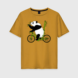 Футболка оверсайз женская Панда на велосипеде с бамбуком, цвет: горчичный