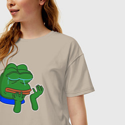 Футболка оверсайз женская Лягушонок Пепе в слезах, цвет: миндальный — фото 2