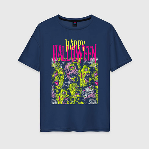 Женская футболка оверсайз Happy Halloween - crazy faces / Тёмно-синий – фото 1