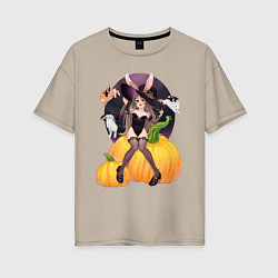 Футболка оверсайз женская Ведьма-фурри в чёрном нижнем белье - Halloween, цвет: миндальный