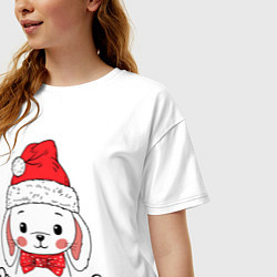 Футболка оверсайз женская Merry Christmas, cute rabbit in Santa hat, цвет: белый — фото 2