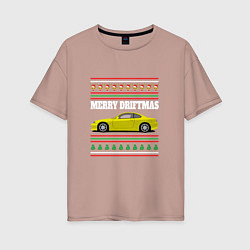 Футболка оверсайз женская Merry Driftmas Nissan Silvia S15 Ugly Sweater, цвет: пыльно-розовый