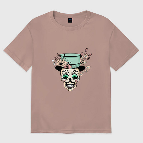 Женская футболка оверсайз Череп в шляпе и цветах / Пыльно-розовый – фото 1