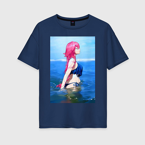 Женская футболка оверсайз Яэ мико в купальнике - Геншин / Тёмно-синий – фото 1