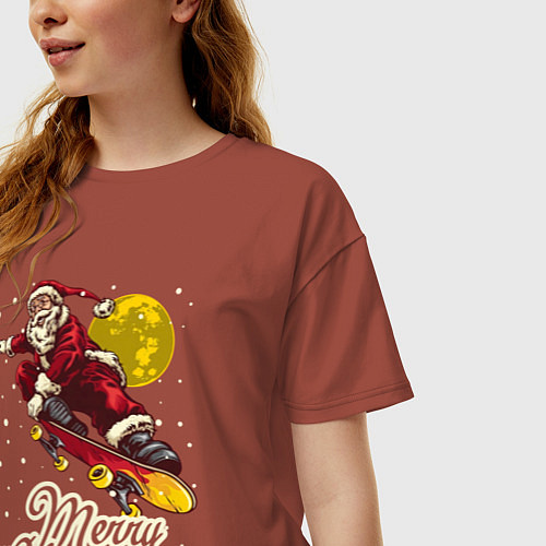 Женская футболка оверсайз Санта на скейте / Кирпичный – фото 3