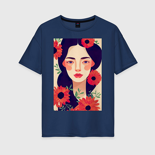 Женская футболка оверсайз Романтичная девушка в цветах / Тёмно-синий – фото 1