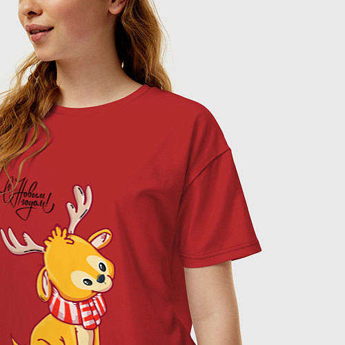 Женская футболка оверсайз С новым годом! маленький олененок / Красный – фото 3