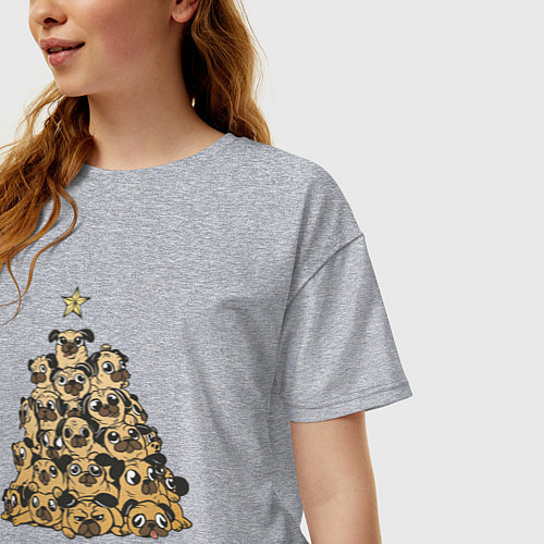 Женская футболка оверсайз Новогодняя елка из мопсов / Меланж – фото 3