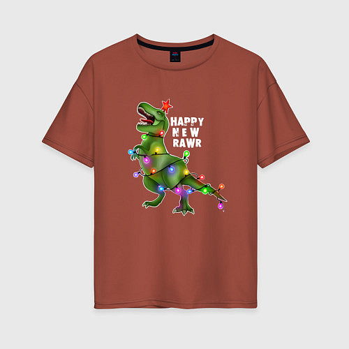 Женская футболка оверсайз Новогодний динозавр елочка гори / Кирпичный – фото 1