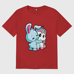 Футболка оверсайз женская Кролик и единорог, цвет: красный