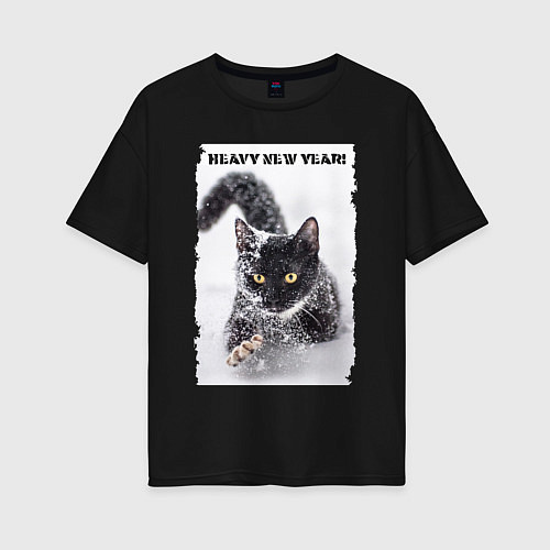 Женская футболка оверсайз Котёнок пробирается сквозь глубокий снег / Черный – фото 1