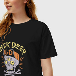 Футболка оверсайз женская Neck Deep band панк рок - череп в кепке, цвет: черный — фото 2