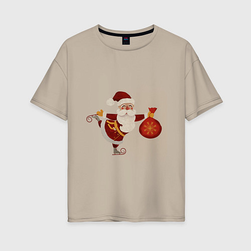 Женская футболка оверсайз Дед Мороз на коньках с мешком подарков / Миндальный – фото 1