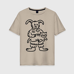 Футболка оверсайз женская Кролик гладит кота, цвет: миндальный