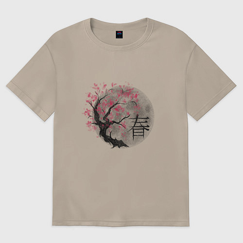 Женская футболка оверсайз Японская сакура рисунок карандашом / Миндальный – фото 1