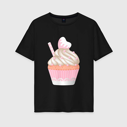 Женская футболка оверсайз Кекс с сердечком в розовой тарталетке / Черный – фото 1