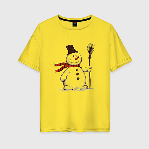 Женская футболка оверсайз Новогодний снеговик с метлой / Желтый – фото 1