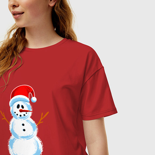 Женская футболка оверсайз Мультяшный новогодний снеговик / Красный – фото 3