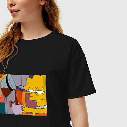 Женская футболка оверсайз Лиза Симпсон и кофе / Черный – фото 3