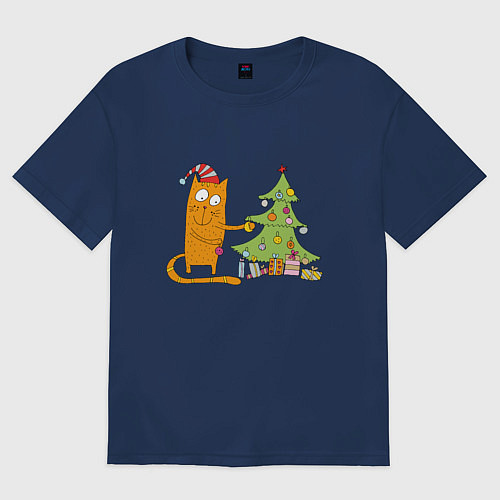 Женская футболка оверсайз Кот наряжает новогоднюю ёлку / Тёмно-синий – фото 1