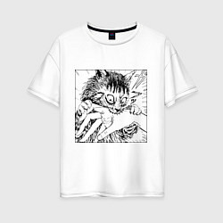 Футболка оверсайз женская Crazy cat - кот кусает руку, цвет: белый