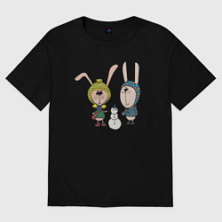 Футболка оверсайз женская Зайчики лепят снеговика, цвет: черный
