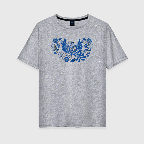 Женская футболка оверсайз Синяя птица в орнаменте гжель / Меланж – фото 1