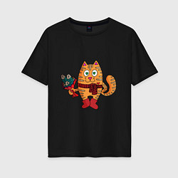 Футболка оверсайз женская Влюбленный рыжий кот с рыбным букетом, цвет: черный