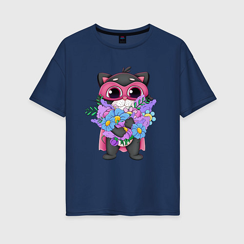Женская футболка оверсайз Кот супергерой с цветами / Тёмно-синий – фото 1