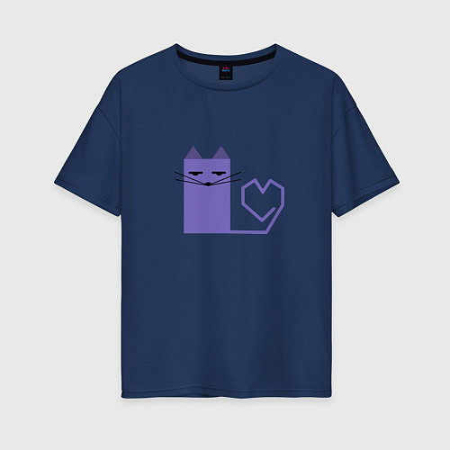 Женская футболка оверсайз Кот с сердечком в минимализме / Тёмно-синий – фото 1