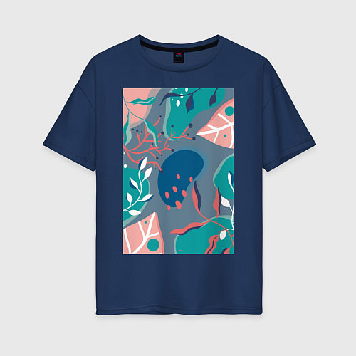 Женская футболка оверсайз Растительный узор в стиле ретро-футуризм / Тёмно-синий – фото 1