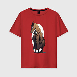Футболка оверсайз женская Мультяшный конь в пальто, цвет: красный
