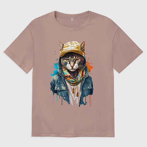 Женская футболка оверсайз Кот репер / Пыльно-розовый – фото 1