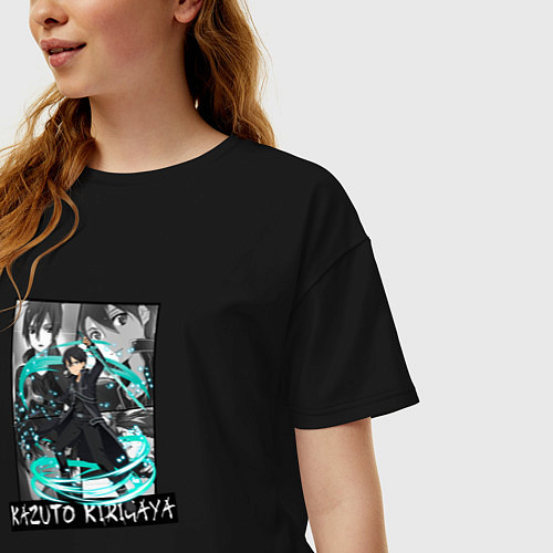 Женская футболка оверсайз Кирито на фоне манги / Черный – фото 3