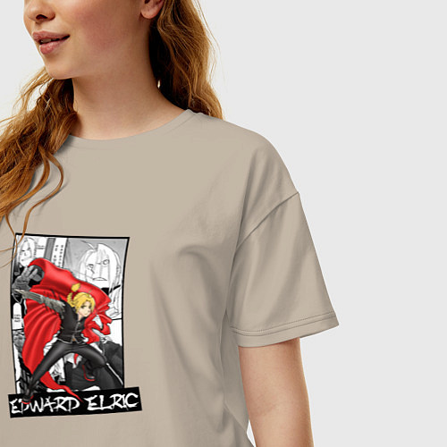 Женская футболка оверсайз Эдвард Элрик на фоне манги / Миндальный – фото 3