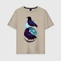Футболка оверсайз женская Фиолетовые вороны, цвет: миндальный