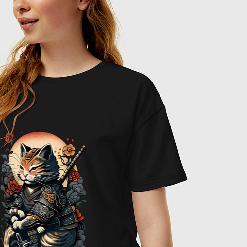 Женская футболка оверсайз Самурай кот / Черный – фото 3