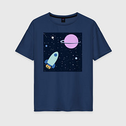 Футболка оверсайз женская Космос, ракета летит к планете, цвет: тёмно-синий