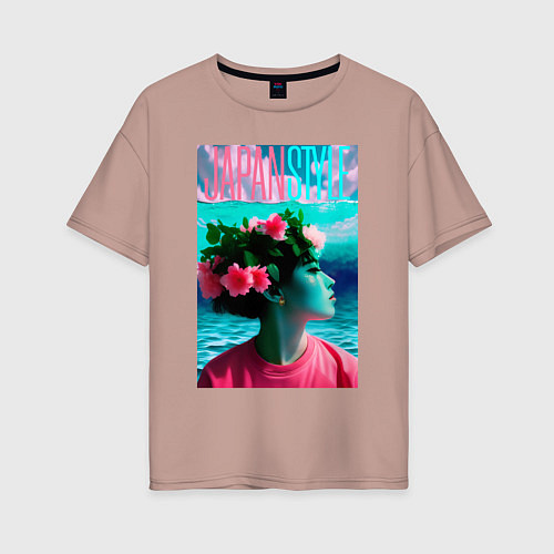 Женская футболка оверсайз Девушка с цветами в волосах - Япония / Пыльно-розовый – фото 1