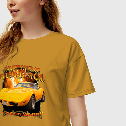 Женская футболка оверсайз Американский маслкар Chevrolet Corvette Stingray / Горчичный – фото 3