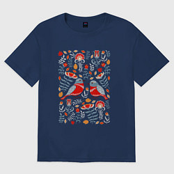 Футболка оверсайз женская Снегири и цветы, цвет: тёмно-синий