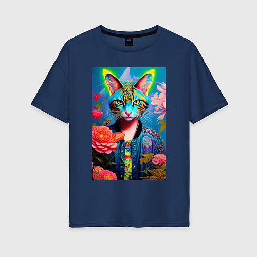 Женская футболка оверсайз Кошачья мода - нейросеть - живопись / Тёмно-синий – фото 1