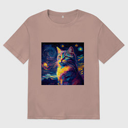 Футболка оверсайз женская Котик Винсент ван Гог, цвет: пыльно-розовый