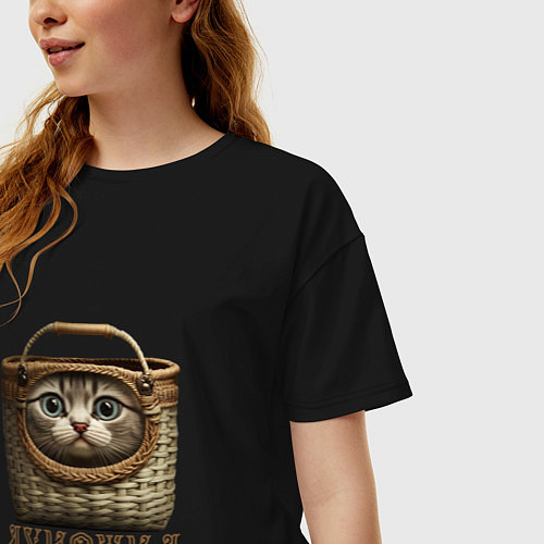 Женская футболка оверсайз Кошка - луКОШКА корзинка мем / Черный – фото 3