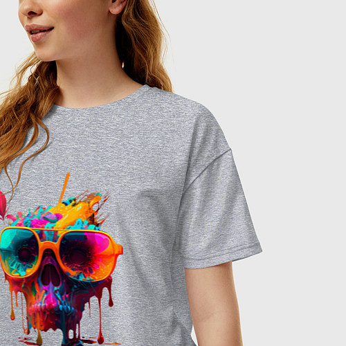 Женская футболка оверсайз Красочный неоновый коктейль в черепе / Меланж – фото 3