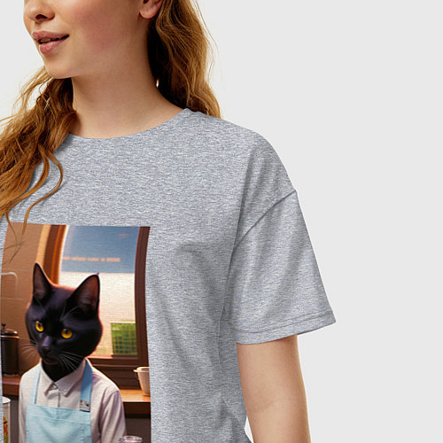 Женская футболка оверсайз Кот повар с десертом / Меланж – фото 3