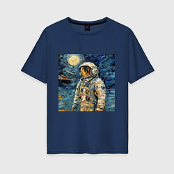 Футболка оверсайз женская Космонавт на луне в стиле Ван Гог, цвет: тёмно-синий